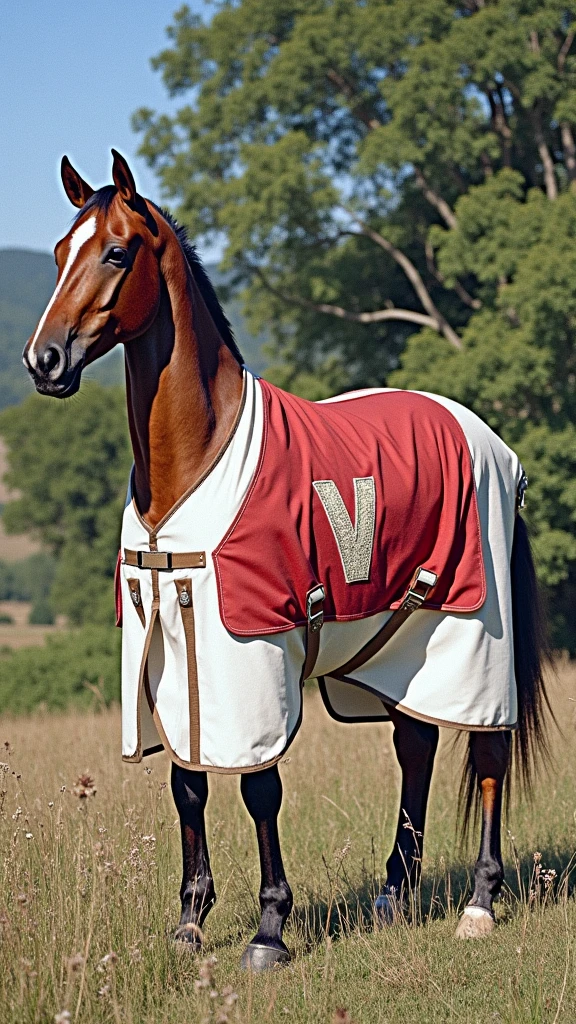 Put a red blanket on the horse with the letter V highlighted