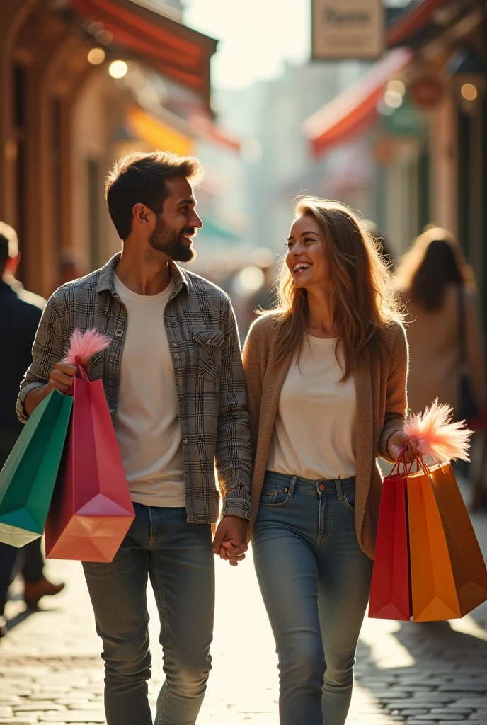 A smiling couple with shopping bags in their hands leaving a store, only part of the abdomen up