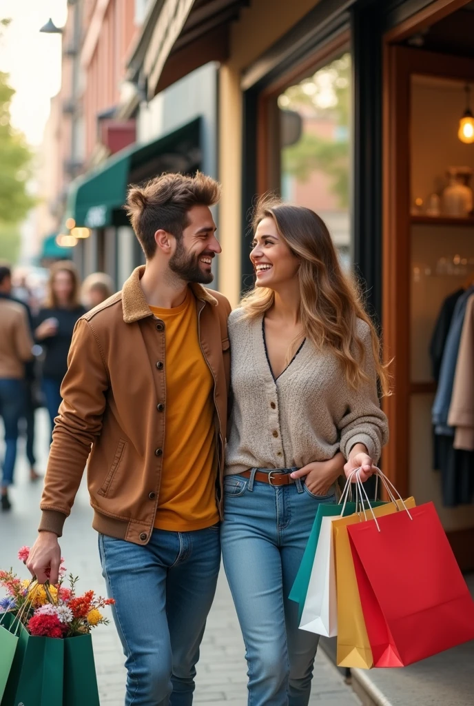 A smiling couple with shopping bags in their hands leaving a store, only part of the abdomen up
