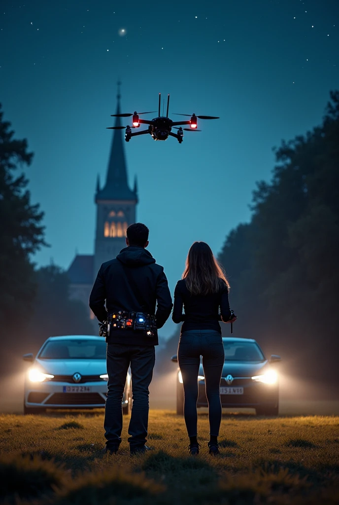 Create a picture of a man and a woman, who launch a large drone at night. There should be two cars in the background. The two people are supposed to hold remote controls with large antennas in their hands. They should look at the Regensburg Cathedral.
The picture should say ULS at the bottom.