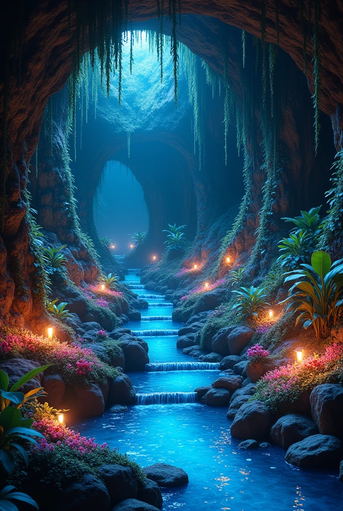 Imagine a garden located deep within a hidden cavern, illuminated by bioluminescent plants and creatures. The cavern walls are covered in glowing vines that pulse with a gentle light, and the ground is dotted with glowing pools of water that reflect the soft, ethereal glow of the plants. The air is thick with the scent of exotic flowers, and the only sound is the gentle trickle of water echoing through the chamber.