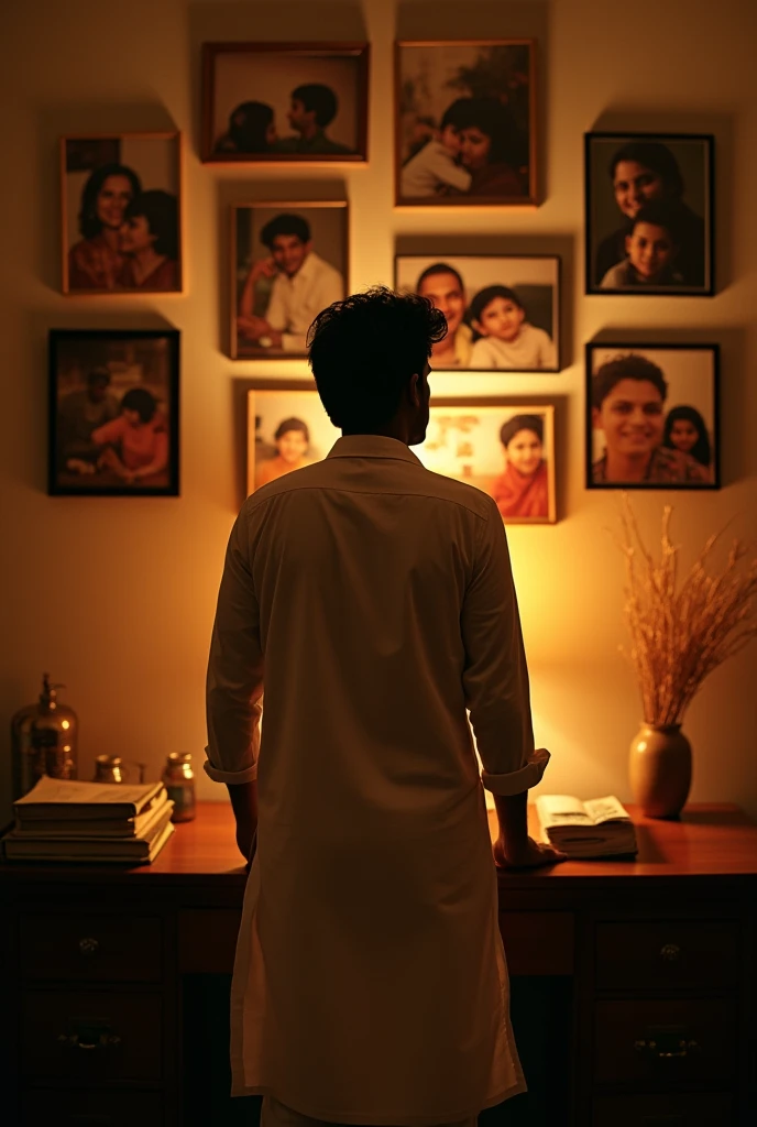 A Indian 30 years aged man is looking into wall with photos, memories. His back side should be displayed 