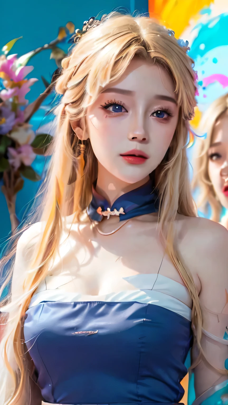 (Colorful Fashion T-Shirts:1.9),(blond:1.8),(Rainbow all colors:1.8),(((((Vertical painting:1.6))),(:1.6),front,comics,illustration,,big eyes,crystal clear,(Golden Gradientlong hair,extra long hair:1.7),Exquisite makeup,Shut up,(Little fresh:1.5),(Tube Top:1.6),long eyelashes,Colorful off-shoulder T-shirt,looking at the audience,Big watery eyes,(blond hair:1.6),Color Splash,(solo:1.8),Color Splash,Color explosion,Heavy Paintworkwind,Messy lines,((Shiny)) ,(Colorful),(Colorful),(Colorful),Colorful,Heavy Paintworkwind,(splash)(Color Splash),vertical,Upper body,Paintworksplash,acrylic paint,Gradient,Paintwork,Highest image quality,highest quality,masterpiece,solo,depth of field,face painting,colorful clothes,(grace:1.2),gorgeous,long hair,wind,(grace:1.3),(petal:1.4),(((masterpiece))),((())),((Super detailed)),(illustration),(dynamic angle) ,((float)),(Paintwork),((disheveled hair)),(solo),(1girl),(((Detailed Anima face))),(((Beautiful detailed face)),neckwear,bare shoulders,blondes,((blondes)),((blondes)),Beautiful and delicate eyes,(Blue eyes),(((Blue eyes))),(((Colorful background))),(((high saturation) )),(((Surrounded by colorful splash))),(((Colorful background))),(((high saturation))),(((Surrounded by colorful splash))),(((Colorful background))),(((high saturation))),(((Surrounded by colorful splash))),