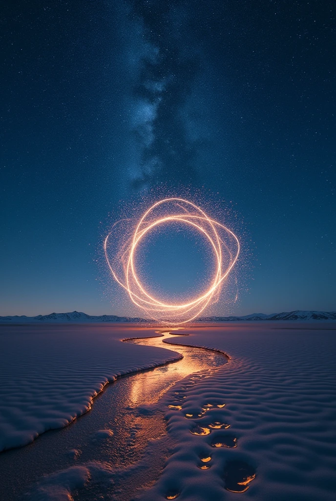 Imagine a vast, open plain under a night sky filled with countless stars that sing. The stars emit a soft, melodic hum that resonates with the earth below, causing the ground to pulse gently with the rhythm of the cosmic music. The air is filled with tiny, glowing particles that dance to the celestial tune, creating a mesmerizing, ethereal spectacle.