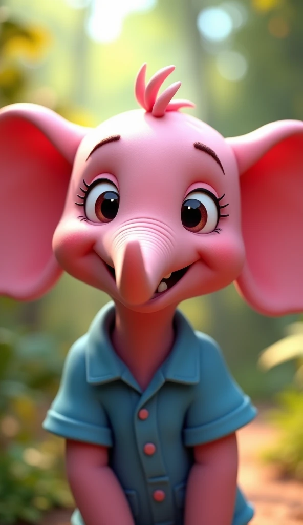 Perfect centering, Looking at the camera, a close up 2/3 of a cartoon pink elephant wearing a blue shirt, 3 d animation demo reel, 3d animation, 3 d animation, 3 d animated movie, 3d animated, 3 d animated, tv commercial, clay animation, cgi animation, cute! c4d, cute 3 d render, pixar 3 d animation style, 4 k, 3 d cartoon