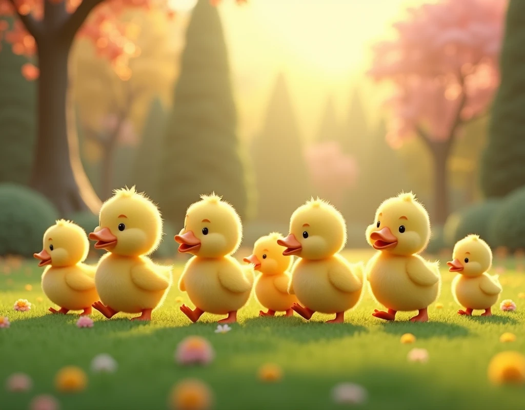 masterpiece,best composition,3d characters,cartoon style,ducks and ducklings,park grass,marching in single file,adorable.