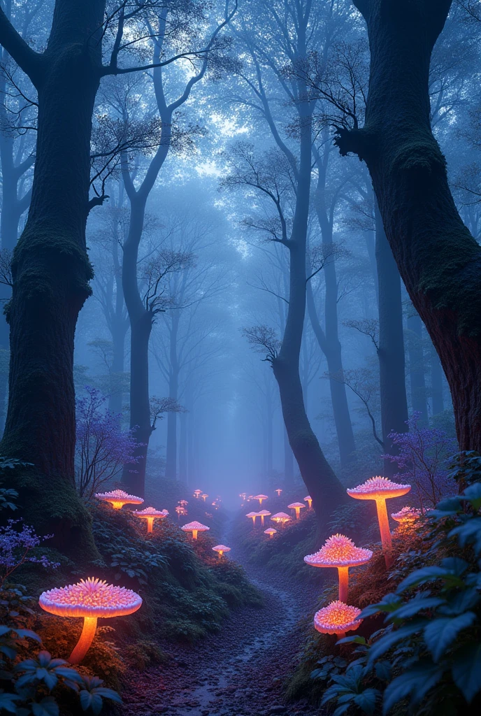 Imagine a dense, ancient forest where the trees are made of translucent crystal, their branches glowing with a soft, inner light. The air is filled with floating, luminescent spores that drift gently like snowflakes, casting a surreal glow over the forest floor, where glowing fungi pulse rhythmically like a beating heart.