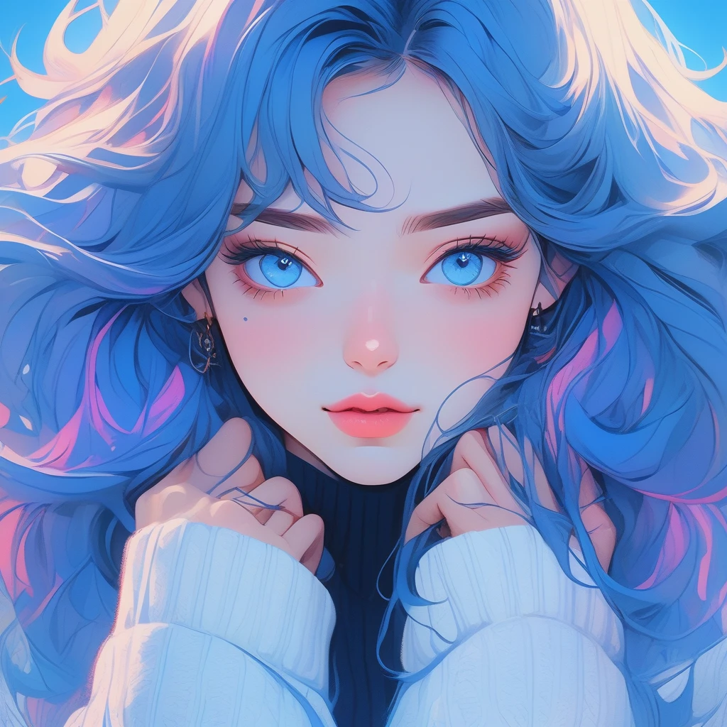 a beautiful detailed anime girl, long blue neon hair, wearing a textured sweater, in a realistic sketch style, on a blue neon background, (best quality,4k,8k,highres,masterpiece:1.2),ultra-detailed,(realistic,photorealistic,photo-realistic:1.37),extremely detailed eyes and face,beautiful detailed eyes,beautiful detailed lips,longeyelashes,order,canadian