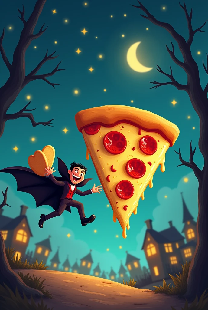 Make a slice of animated garlic pizza, running after a vampire with a garlic bread in his hand 