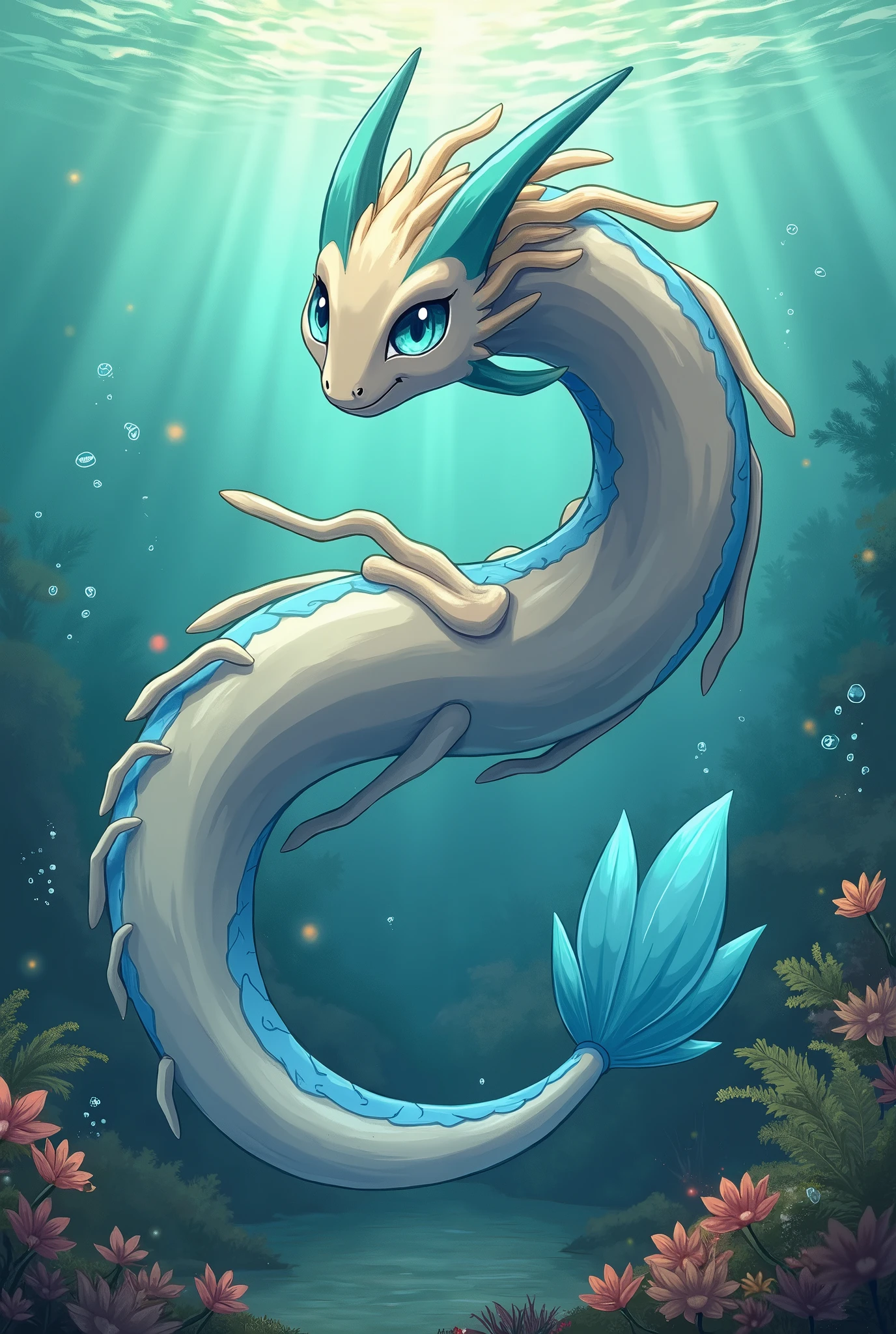 Drawing of a Pokemon and an evolution of this water and ground type Pokemon, inspired by a polypterus senegalus, in light gray color, with blue and brown details, without legs