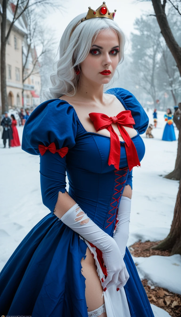 Araffe dressed as a snow white with a red bow and a red bow, beautiful vampire queen, realistic cosplay, Marceline from Adventure Time, anime girl cosplay, 4K HD snow white hair, beautiful vampire queen, snow white as a d &d fighter, snow white, anime cosplay, cosplay, vampire Carmilla, with long dark hair, on the streets,torn clothes,large breasts