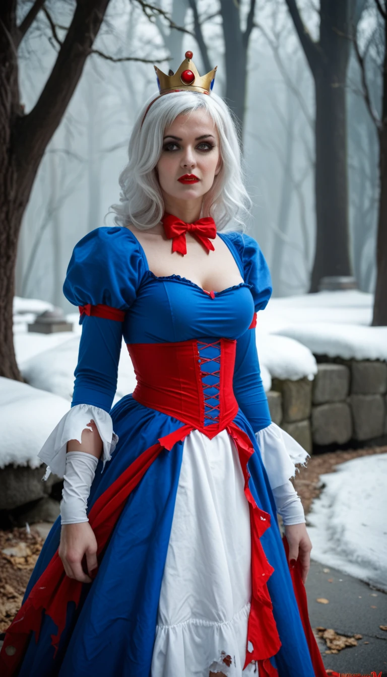 Araffe dressed as a snow white with a red bow and a red bow, beautiful vampire queen, realistic cosplay, Marceline from Adventure Time, anime girl cosplay, 4K HD snow white hair, beautiful vampire queen, snow white as a d &d fighter, snow white, anime cosplay, cosplay, vampire Carmilla, with long dark hair, on the streets,torn clothes,large breasts