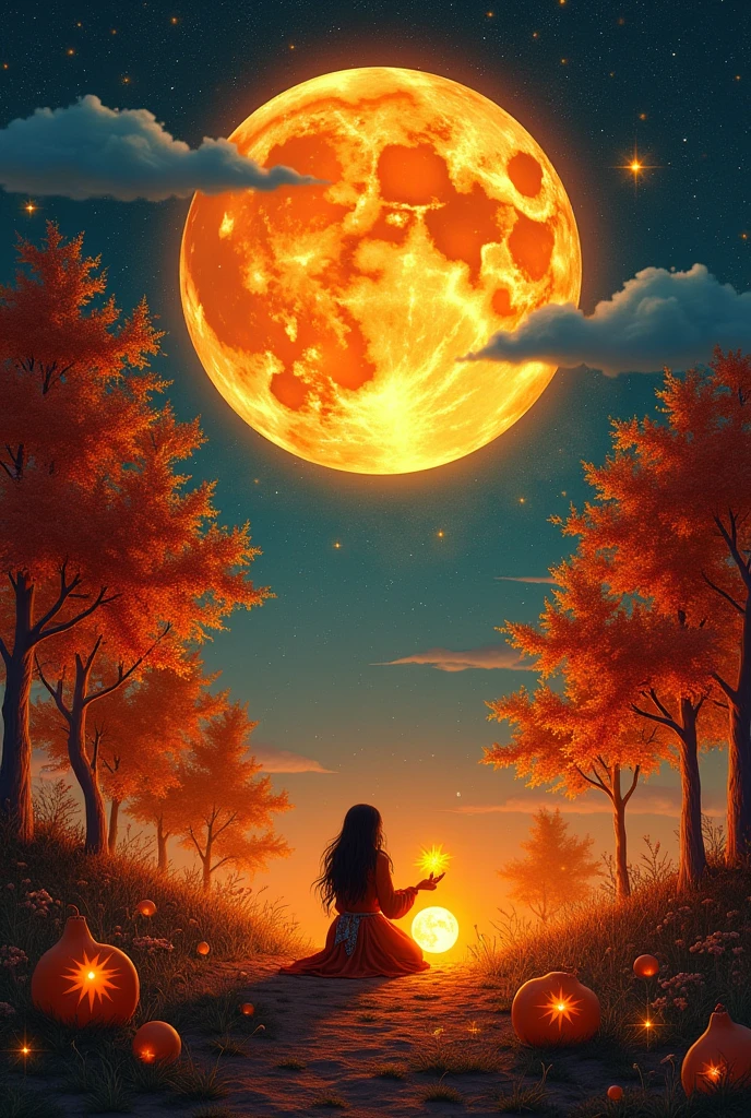 A photo of a space with a corn moon with trees on fire with indigina shrinking fruits of moons and stars