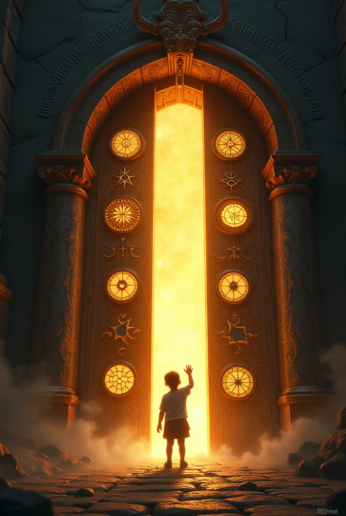The gate should be intricately designed with glowing, 8 mystical symbols and patterns, and it should emit a bright, golden light from the opening. The child, facing away from the viewer, is reaching out toward the light. The surrounding environment is dark and shadowy, creating a stark contrast with the golden light. The overall atmosphere should evoke a sense of mystery, wonder, and the beginning of an adventure, with the glowing symbols suggesting magic or hidden knowledge