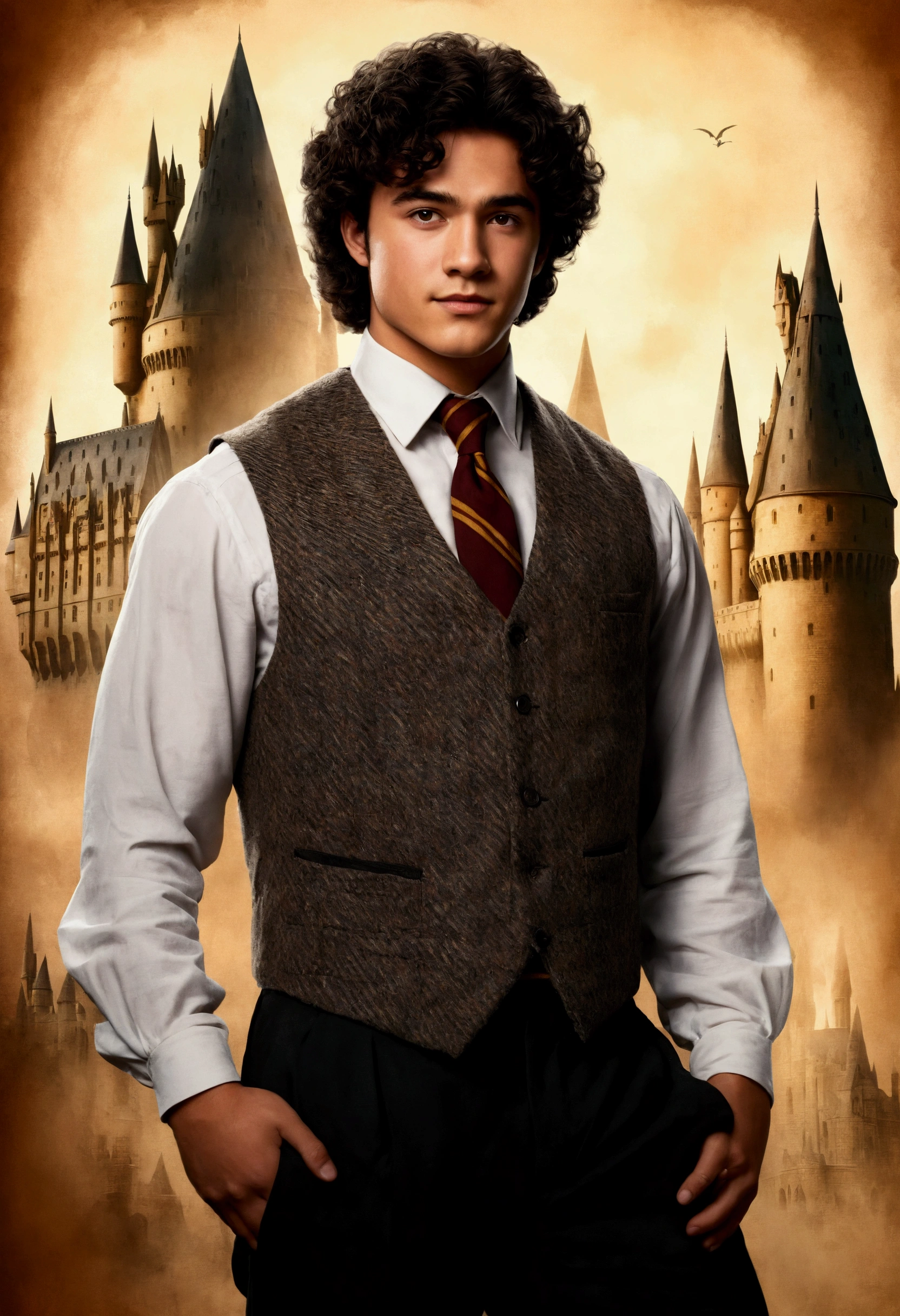 An illustrated movie poster, hand-drawn, full color, a Hogwarts Professor, 21 years old, male, brown eyes, brown-black hair, voluminous curly mane, suntan complexion, medium height, broad shoulders, stocky frame, muscular, rugged scruffy appearance, lots of body hair, resembles Gavin Leatherwood, wearing a tweed vest and slacks, standing in front of the Hogwarts castle, hard shadows, graphite shading, stencil marks, airbrushed acrylic paint, masterpiece, in the style of the Deathly Hallows