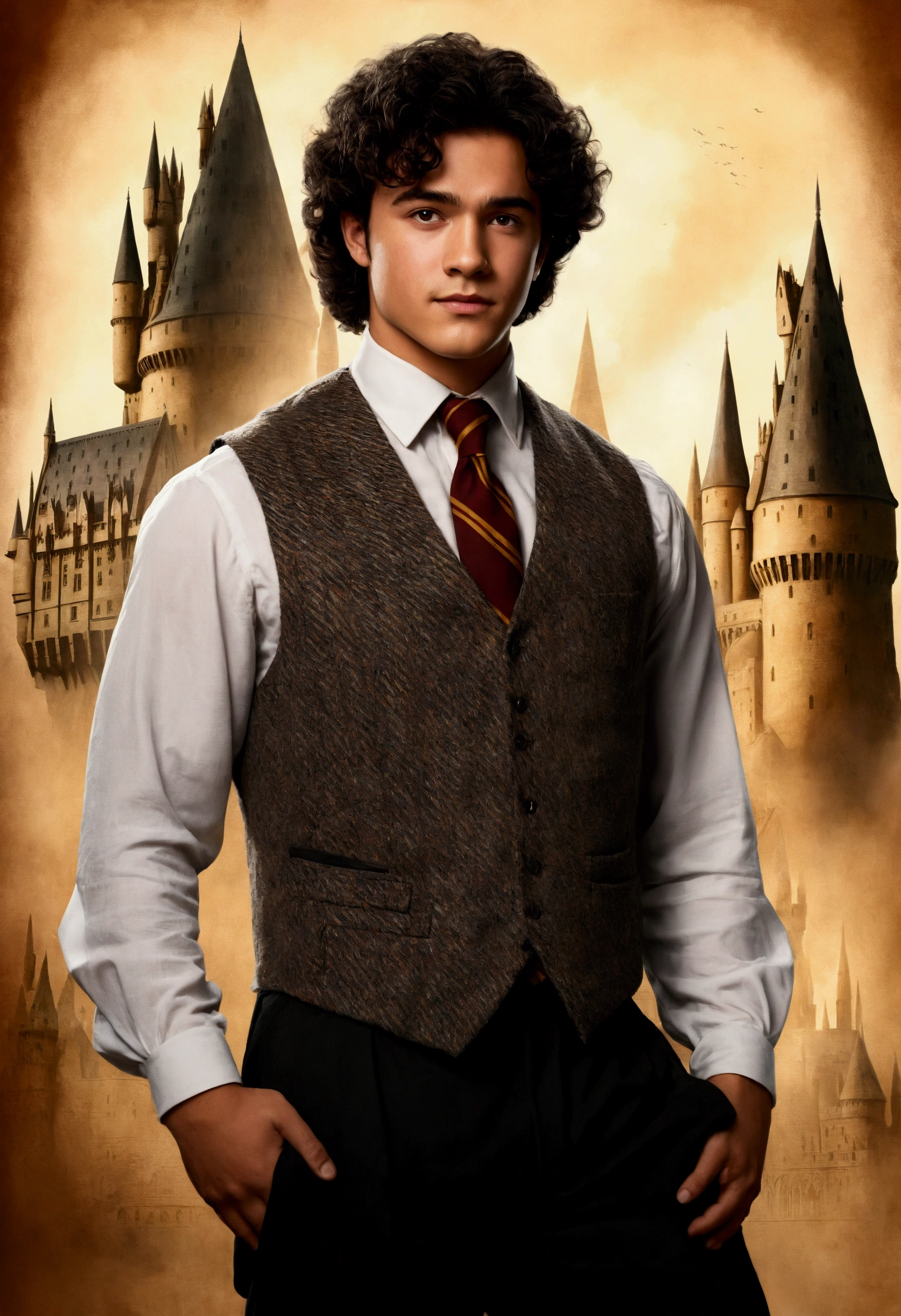 An illustrated movie poster, hand-drawn, full color, a Hogwarts Professor, 21 years old, male, brown eyes, brown-black hair, voluminous curly mane, suntan complexion, medium height, broad shoulders, stocky frame, muscular, rugged scruffy appearance, lots of body hair, resembles Gavin Leatherwood, wearing a tweed vest and slacks, standing in front of the Hogwarts castle, hard shadows, graphite shading, stencil marks, airbrushed acrylic paint, masterpiece, in the style of the Deathly Hallows