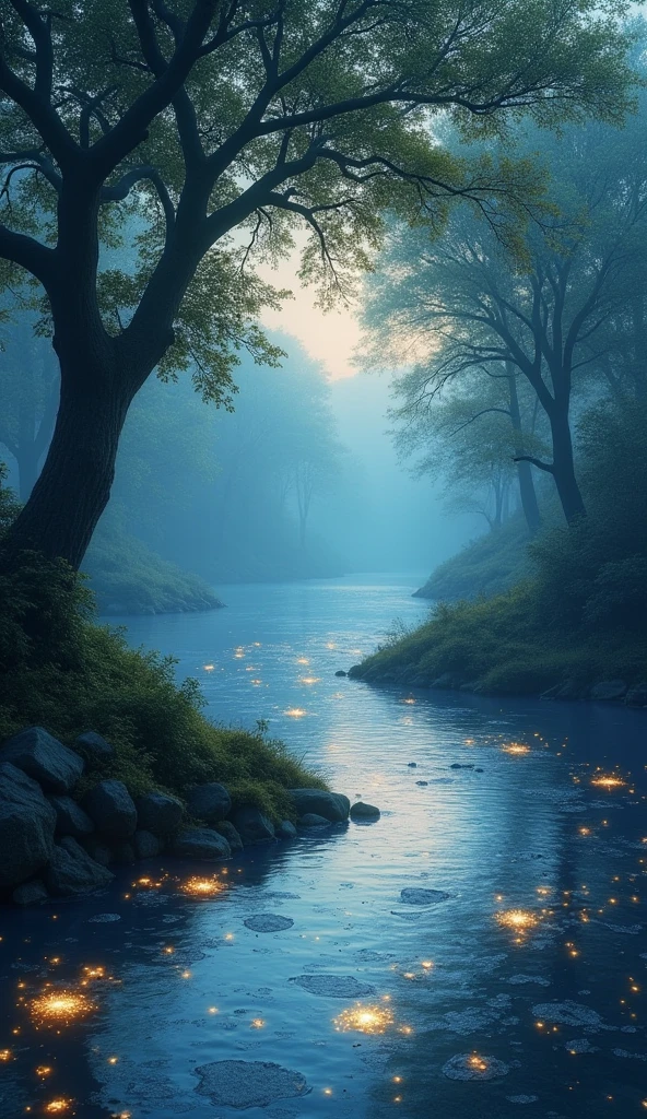 Imagine a river that flows not with water but with time itself. The current carries glowing fragments of memories and echoes of the past, swirling in a dance of light and shadow. As you step into the river, you feel the passage of time slow down, allowing you to see the events of the past unfold in the shimmering depths below.