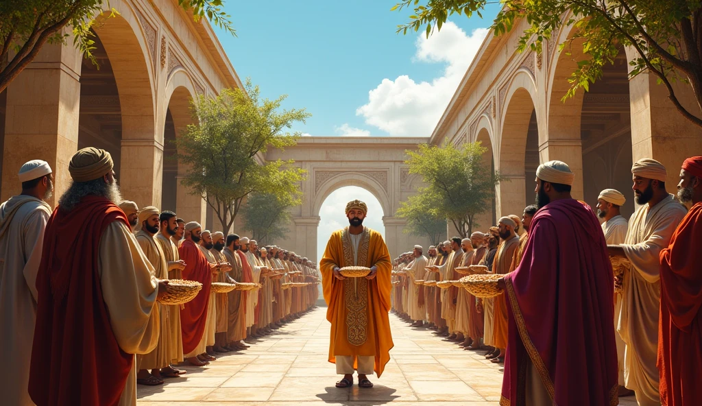 Create an image of Solomon organizing a meeting in the courtyard of his palace, where he is seen distributing resources, like sacks of grain and scrolls with teachings, to a diverse group of people wearing typical period clothing. The scene should highlight the detailed garments, like turbans, Cloaks, and sandals, that reflect the different social classes and backgrounds of the people gathered. The courtyard must be decorated with marble columns, ceramic vases, and fruit trees, creating an atmosphere of prosperity and cooperation. The expression on Solomon's face must convey serenity and leadership., while people around show signs of respect and gratitude.