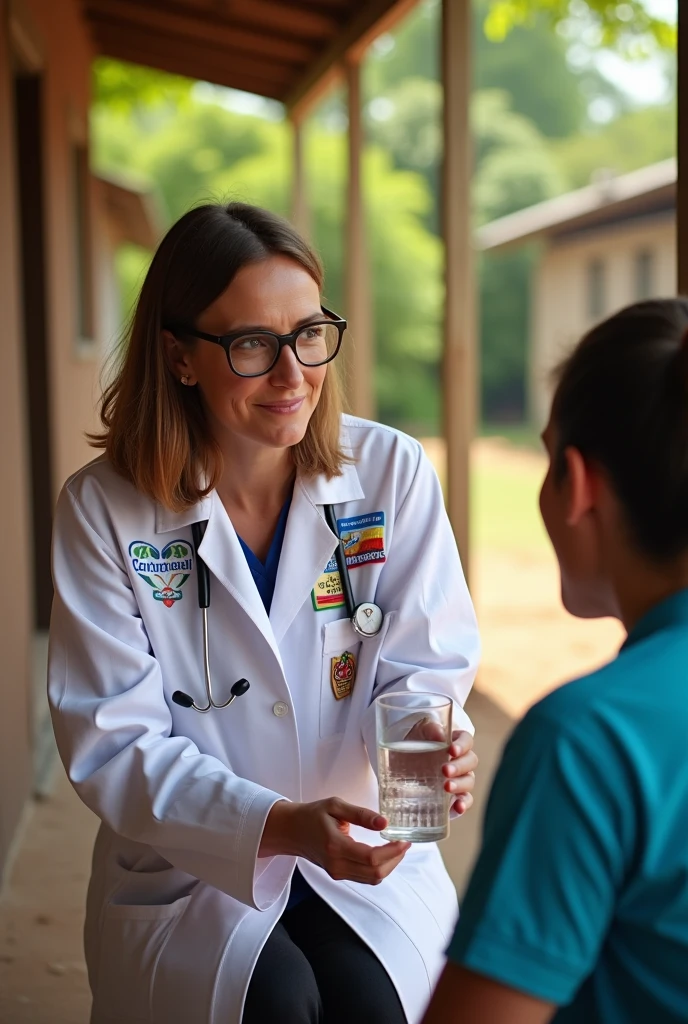 a female doctor in a rural area treating patients with diarrhea, educating them about boiling the water fetched from the well, and advocating for them through raising funds to build deep well