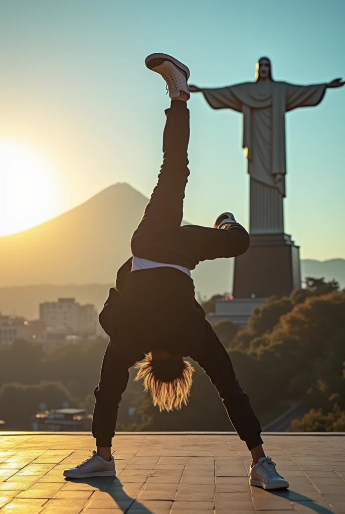 "A breakdancer in a dynamic pose air chair, captured at sunset in an iconic setting that combines the Christ the Redeemer statue and Mount Fuji in the background. The dancer displays powerful and fluid movements, wearing casual and modern clothing that contrasts with the grandeur of the monuments. The soft sunlight illuminates the scene, creating dramatic shadows and a cinematic atmosphere, while the clear blue sky adds depth and serenity to the moment."