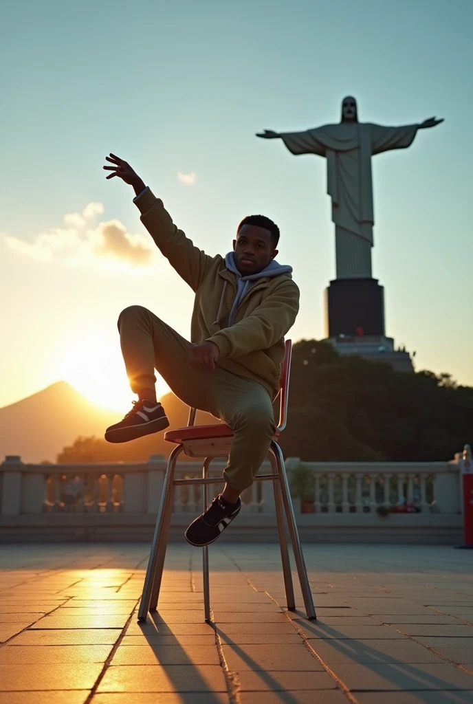 "A breakdancer in a dynamic pose air chair, captured at sunset in an iconic setting that combines the Christ the Redeemer statue and Mount Fuji in the background. The dancer displays powerful and fluid movements, wearing casual and modern clothing that contrasts with the grandeur of the monuments. The soft sunlight illuminates the scene, creating dramatic shadows and a cinematic atmosphere, while the clear blue sky adds depth and serenity to the moment."