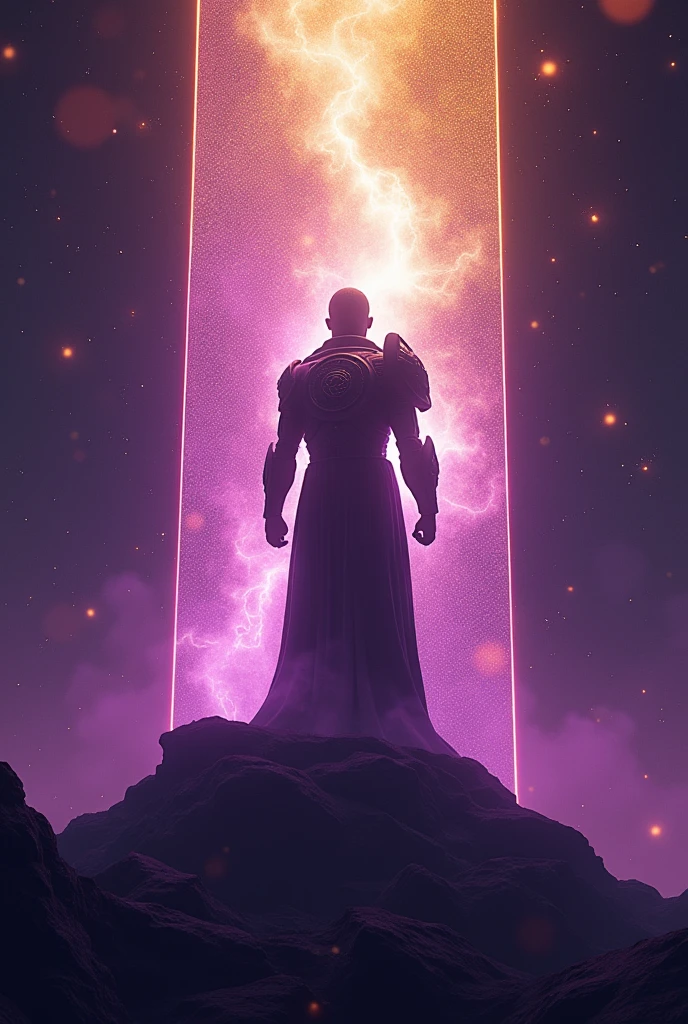 movie poster for announcement, trending in cg community, official valve announcement, Tiktok, mobile legends, dark matter with purple and gold gradients, unrea 5, victory, f/2.5, for background, mystery, no living creatures, like the edge of a glittering wall, mystery, teaser, big picture