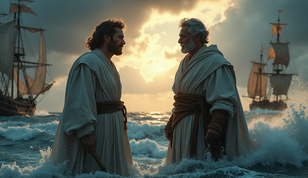 A pastor talking with the captain of the ship during the voyage