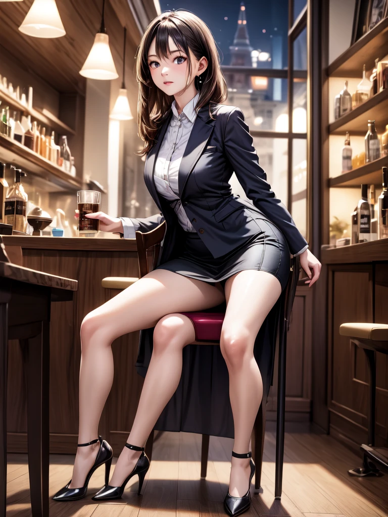((Best Quality, 8K, Masterpiece: 1.3)), , Focus: 1.2, Perfect Body Beauty: 1.4, Buttocks: 1.2, (Layered Haircut: 1.2)), (Dark Street: 1.3), Highly Detailed Face and Skin Texture, Full Body, Fine Eyes, Double Eyelids, Whitened Skin, Long Hair, (Round Face: 1.5), (White Suit Style: 1.6). Smile in a late night café. Sit and drink coffee