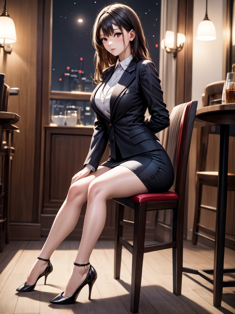 (masterpiece, best quality, highest quality, Masterpiece, 8k:1.5),((Full Body Shot,Including face,1girl)), ((Focus on the face,Symmetrical facial features)), Beautiful woman, (slender), ((High heels)), Detailed depiction of the face, Cafe,bar, (skirt, suit, OL, Sit on a chair:1.5), Woman sitting at a desk drinking coffee, profile, Inside the store at night, Spotlight
