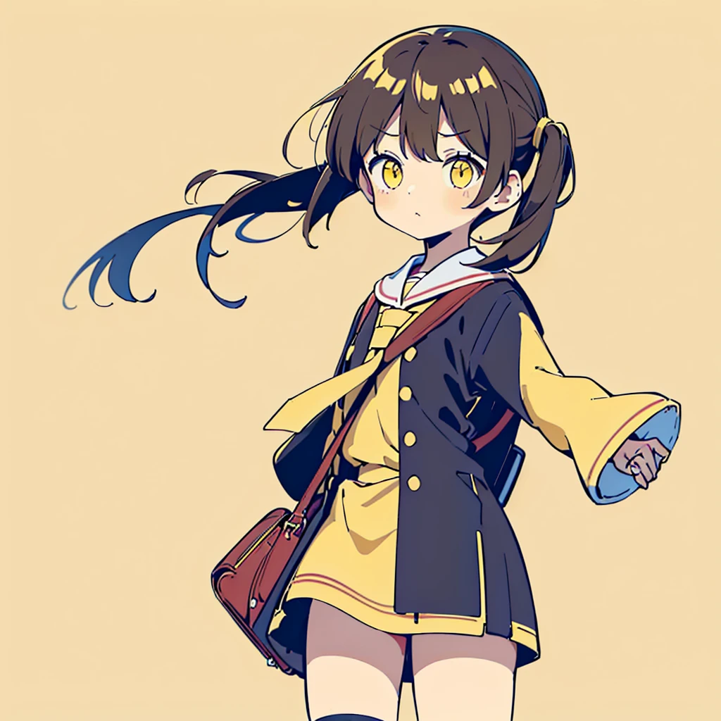 1girl,Twin tails、(((Perfect ???????、Highest quality、Masterpiece、Official Art、Super detailed、Dynamic structure、Anime Style)))、Elementary school students、(((Redワンピースで腰回りに黄色の大き目のボタン)))、White Y-shirt、Red🎀、White knee-high socks、Brown Loafers、Carrying a red backpack、Recorder is visible from the school bag、Being buffeted by strong winds、Image from above、Strong wind blowing from the viewer's side、Strong wind blowing from the direction of travel, hair blowing back、((Simple background of primary color yellow:1.5))、whole body、