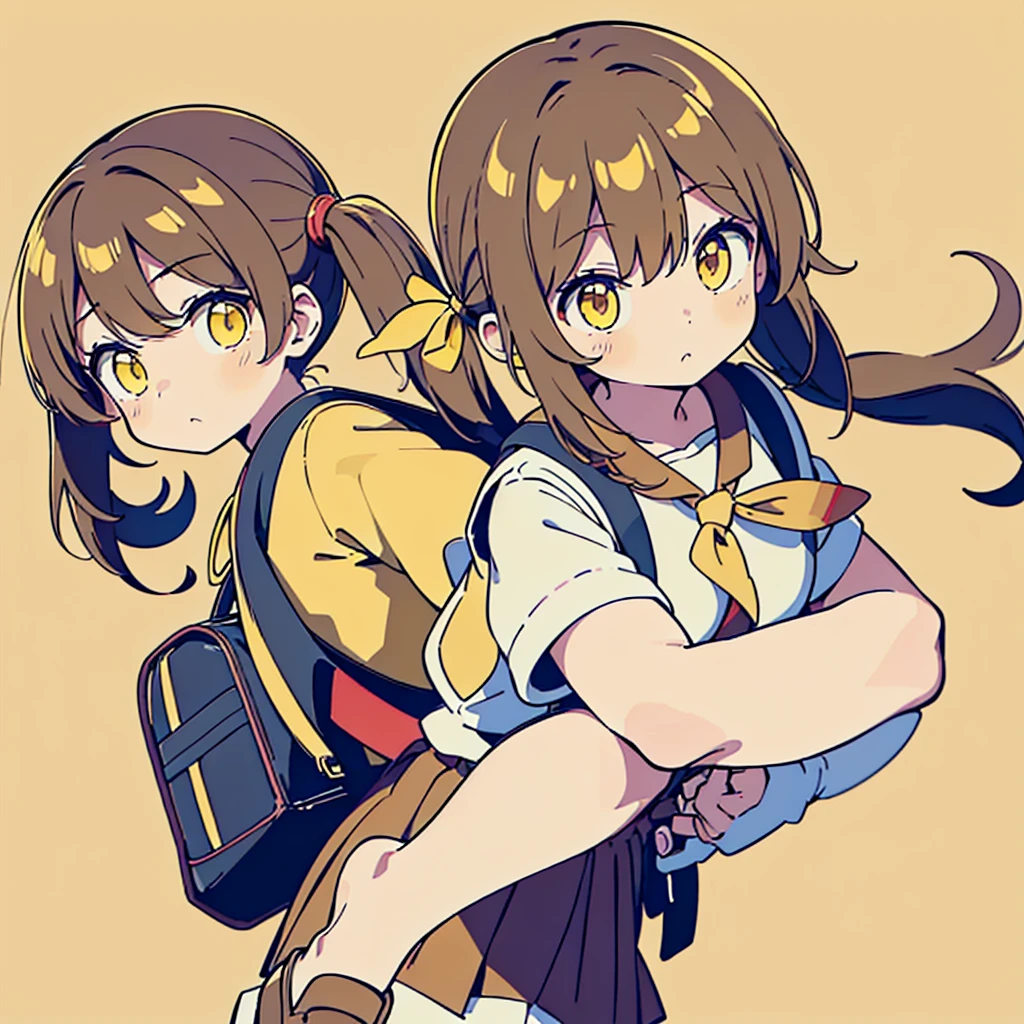 1girl,Twin tails、(((Perfect Anatomy、Highest quality、Masterpiece、Official Art、Super detailed、Dynamic structure、Anime Style)))、Elementary school students、(((Redワンピースで腰回りに黄色の大き目のボタン)))、White Y-shirt、Red🎀、White knee-high socks、Brown Loafers、Carrying a red backpack、Recorder is visible from the school bag、Being buffeted by strong winds、Image from above、Strong wind blowing from the viewer's side、Strong wind blowing from the direction of travel, hair blowing back、((Simple background of primary color yellow:1.5))、whole body、