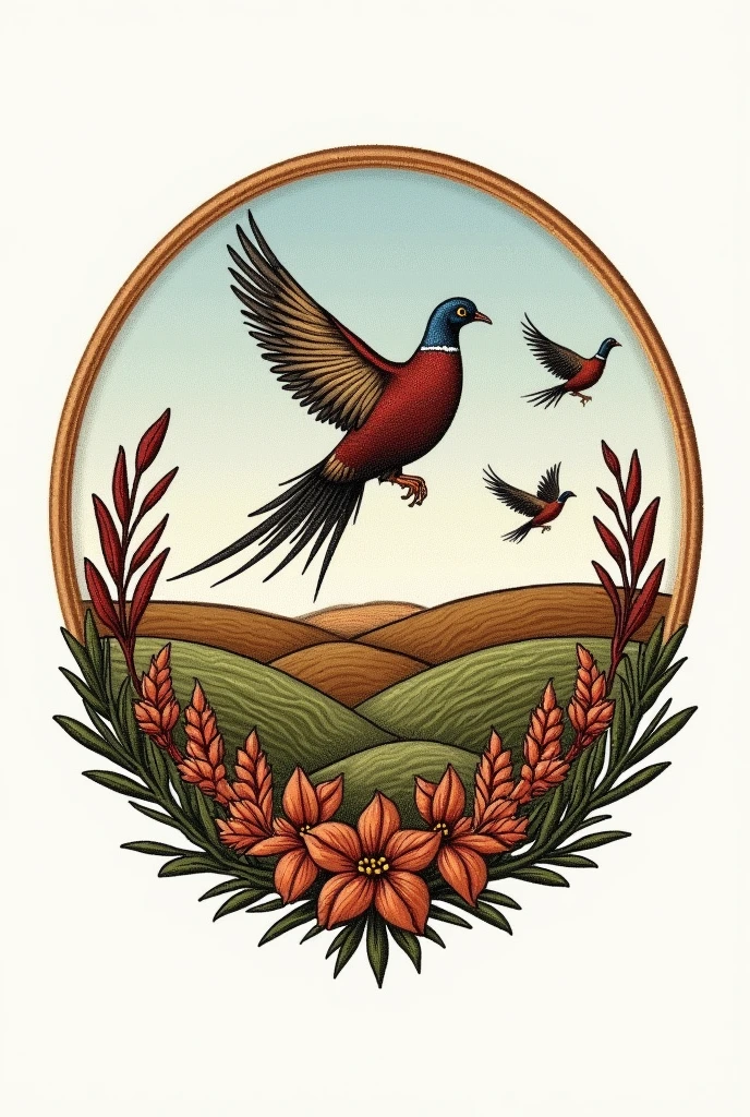 We want something that can be embroidered on a vest or hat.. Although it is a clay sporting event, The nonprofit we serve didn&#39;t want shotguns in the logo. We can use clay pigeons and pheasants or other elements tied to clay pigeon hunting. Our idea was a kind of crest
