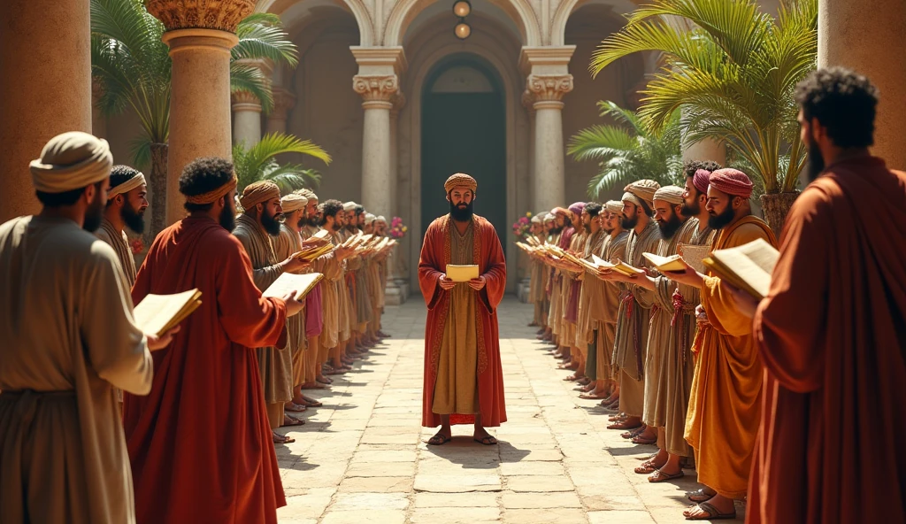 Create a hyper-realistic image of Solomon by organizing a meeting in the courtyard of his palace, where he is seen distributing resources, like sacks of grain and scrolls with teachings, to a diverse group of people wearing typical period clothing. The scene should highlight the detailed garments, like turbans, Cloaks, and sandals, that reflect the different social classes and backgrounds of the people gathered. The courtyard must be decorated with marble columns, ceramic vases, and fruit trees, creating an atmosphere of prosperity and cooperation. The expression on Solomon's face must convey serenity and leadership., while people around show signs of respect and gratitude.