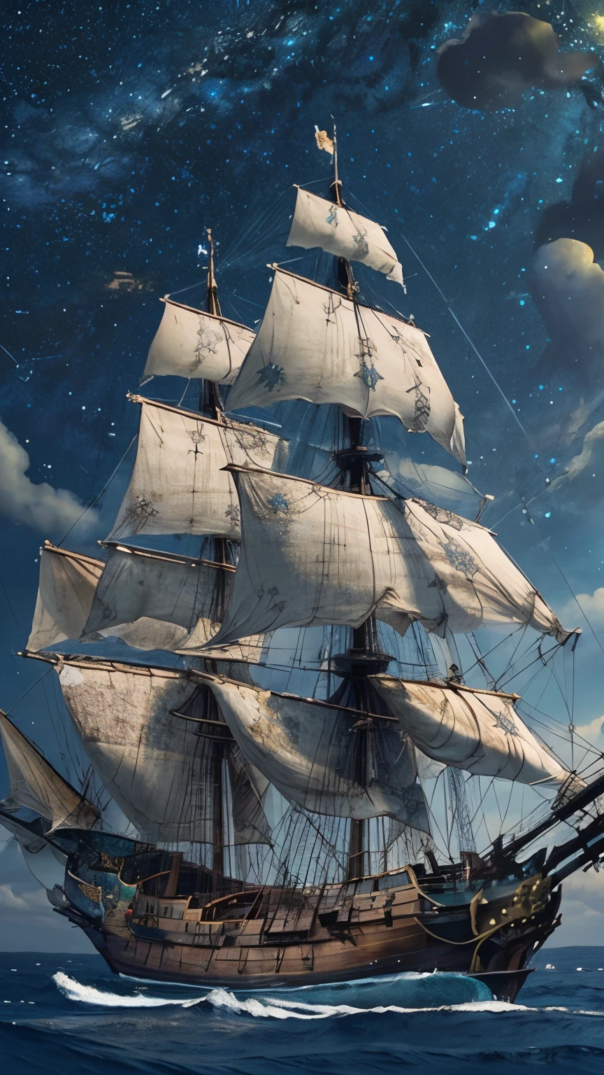 1galleon, alone, (No humans:1.2)、(A starry sky spreads above:1.2)、(masterpiece, Highest quality:1.2),