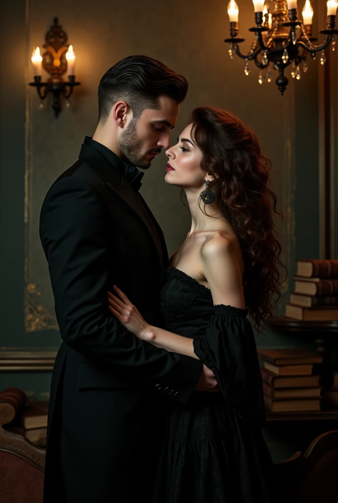 A Victorian couple, elegant, dark, vampire, holding each other, dark aesthetic, vampire aesthetic, book cover aesthetic, kings close, book, 1721, 1700, vampire, dark, book cover, book aesthetic, love, in love, look at each other.

Woman: long hair, curly, brown hair, not much volume, english, Anthrazit dress, elegant, 23, 5'5 imches

Guy: black hair, short hair, black clothing, Nobility, 24, masculine features, sharp jawline, green eyes, Welsh, 6'0 inches