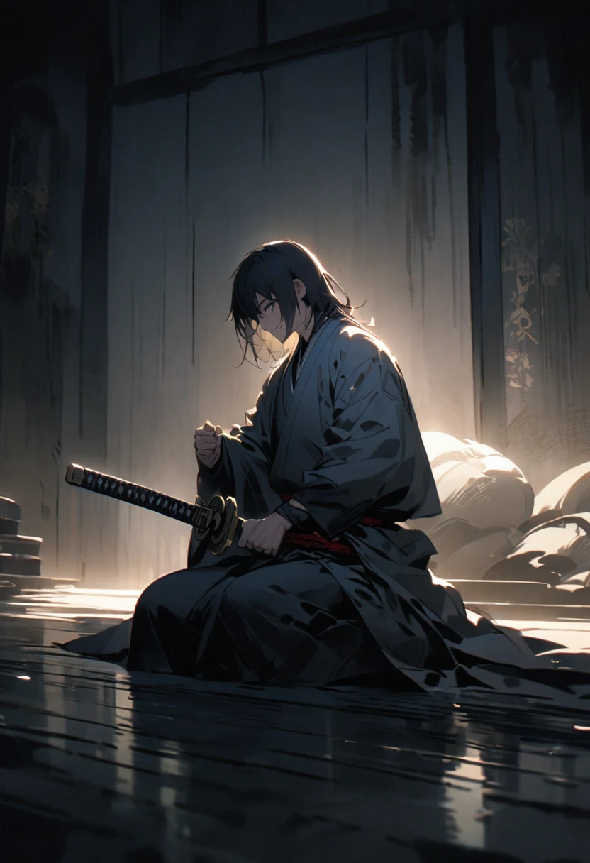 A samurai sitting alone in a dimly lit room, his hand tightly gripping the hilt of his katana, as if drawing strength from it. The atmosphere is thick with emotion, as the weight of his actions hangs heavy."
