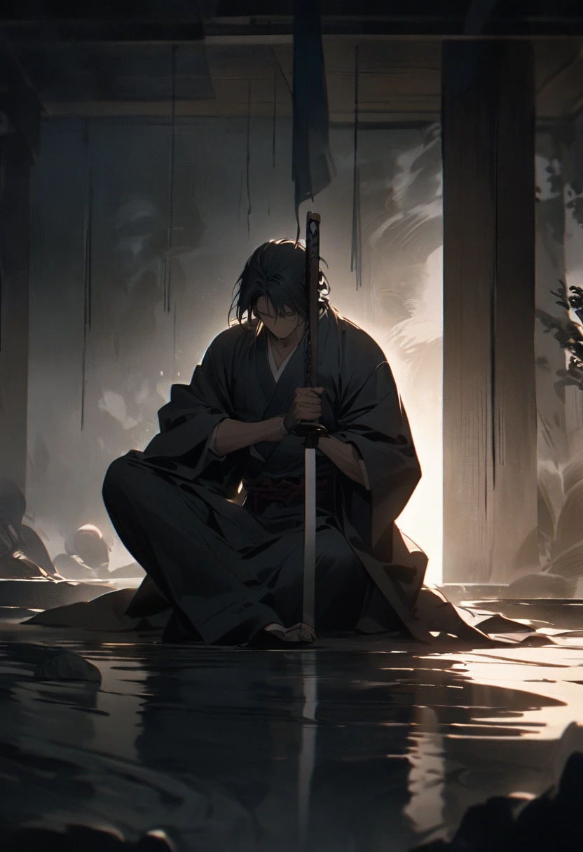 A samurai sitting alone in a dimly lit room, his hand tightly gripping the hilt of his katana, as if drawing strength from it. The atmosphere is thick with emotion, as the weight of his actions hangs heavy."