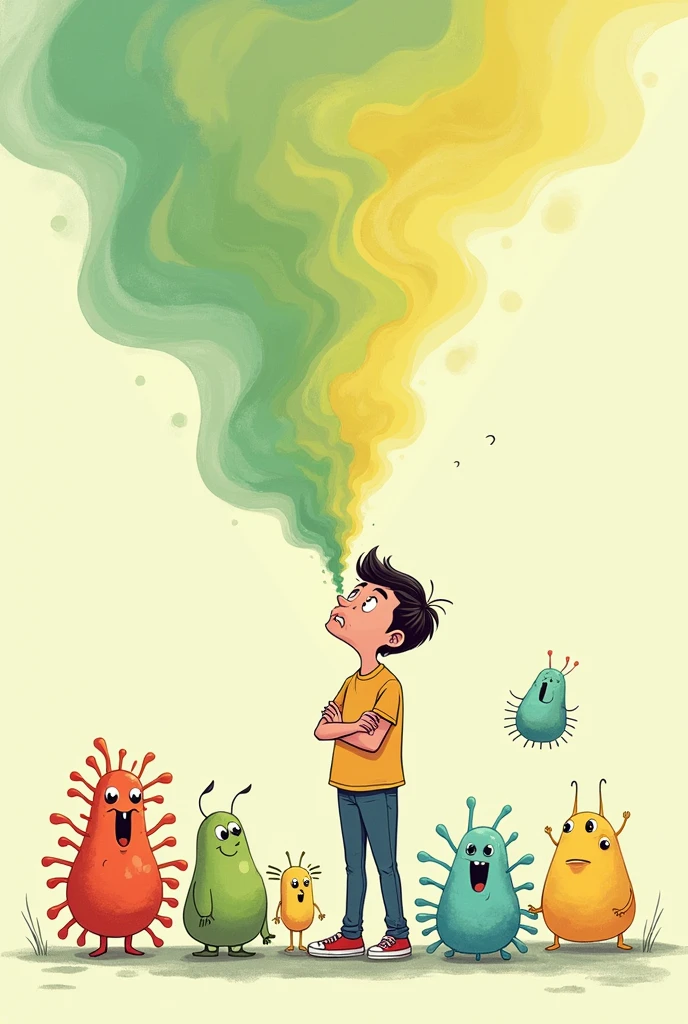 Image of a person with clear smoke coming out of their mouth representing their bad breath and several germs around them .the image is creative, colorfully, several details
.The environment is clear