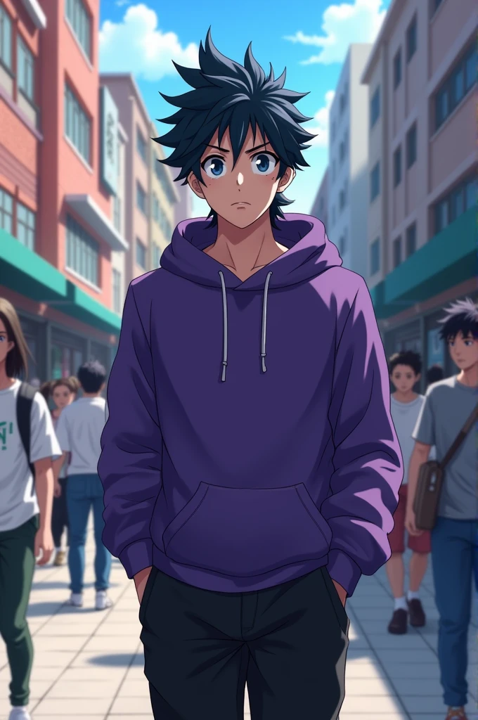 **kor:**
**Appearance:**
- **eyeballs:** Dark blues with a slight dark circle.
- **body hair:** mullet therefore.
- **cicatriz:** Small cut scar on the corner of the mouth.
- **tenue:**
- Purple hoodless sweatshirt.
- Black sweatpants.
**artwork style:**
- **inspired by:** "boku no hero academia"
- **Description:** linhas limpas, well-defined details. Haru walking down the street with a relaxed posture and his hands in his pockets, with a typical city street background.