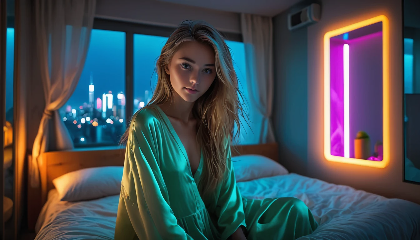 Highest quality, masterpiece, High resolution, 8k, (((She wore an oversized silk babydoll with a plunging neckline.、Cute and skinny、Barely Legal, wide neckline, Deep neckline, small and taut breasts, Beautiful attention to detail, Beautiful lip detail, Small closed mouth, Highly detailed face, Pale skin, Random long hairstyles, Small hips, Cyberpunk Apartment, Next to the bed))), Gloomy atmosphere, dramatic and Random Neon Colorss, Futuristic Setting, Intricate details, At night, Backlight, Random Neon Colors, Full Body Shot, A view from afar, Random Pause