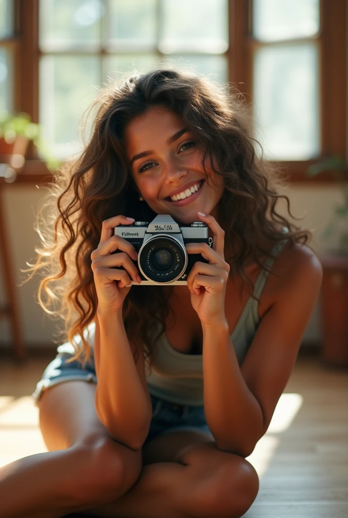 A brunette girl with curly hair and big breasts sits with her legs stretched out, taking a realistic photo