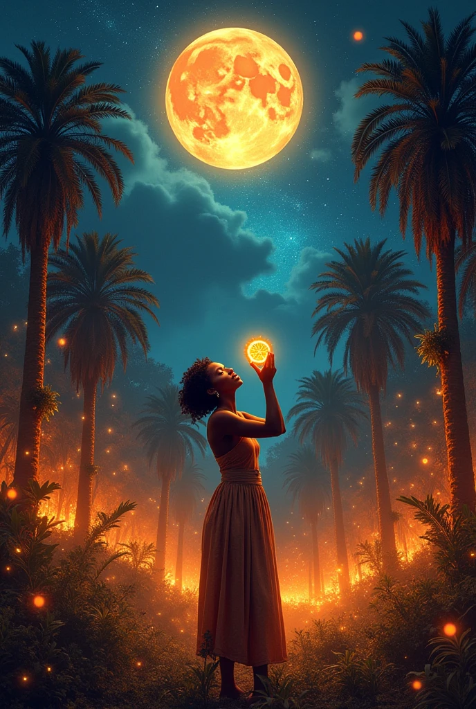 A photo of a space with a corn moon with trees on fire with indigenous people squeezing fruits of moons and stars and an African woman eating the sun
