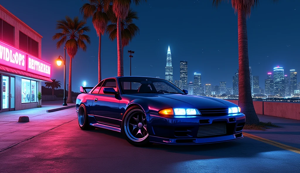 angled view of a silvia s15 parked on the gta san andreas map at night