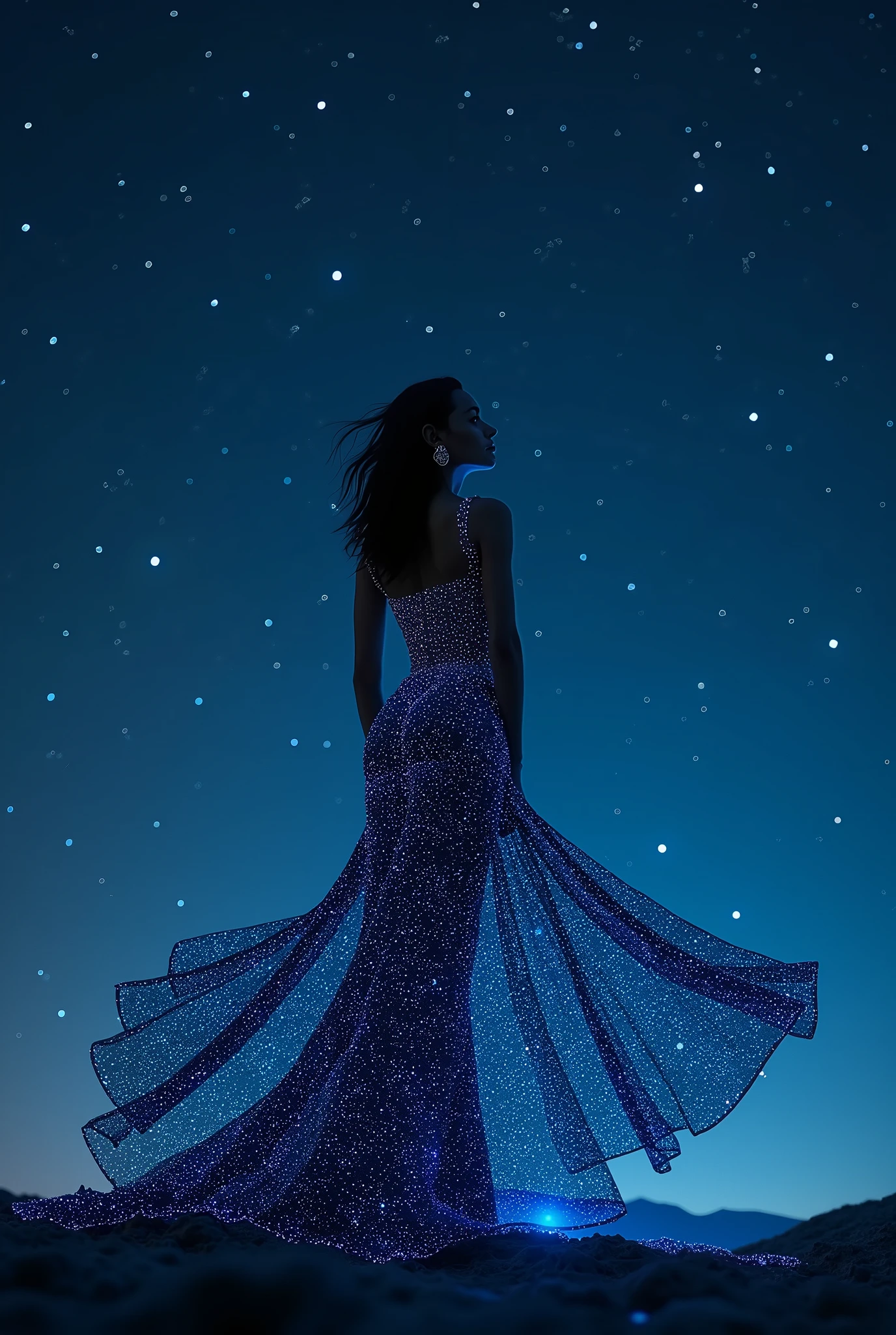 Create an award-winning, ultra-realistic CGI image featuring a stunning supermodel wearing a dress that is perfectly color-matched to the starry night sky. The dress should be designed with advanced color-matching techniques, ensuring that the hues, tones, and luminosity of the fabric precisely reflect the deep blues, blacks, and twinkling stars of the sky. The patterns on the dress should mirror the exact placement and brightness of the stars above, creating a seamless blend where the dress becomes an extension of the celestial backdrop.
The image should be composed with a low-angle perspective, emphasizing the fluid transition where the dress and sky merge without any noticeable difference in color or texture. The model’s pose should highlight this connection, with careful attention to lighting and shadows to ensure the dress reflects the same light as the stars. This approach will create a visually stunning effect where the model appears almost ethereal, as if she is part of the night sky itself.
The overall composition should focus on achieving a flawless integration of the dress and sky, using precise color calibration and texture blending to overcome any issues with mismatched colors, ensuring a truly seamless and breathtaking visual experience.