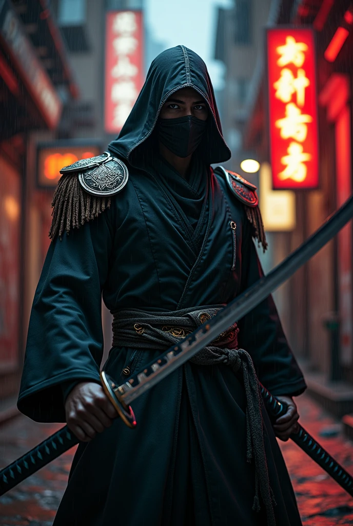make me a anti hero with a 2 katana and facemask without hood
