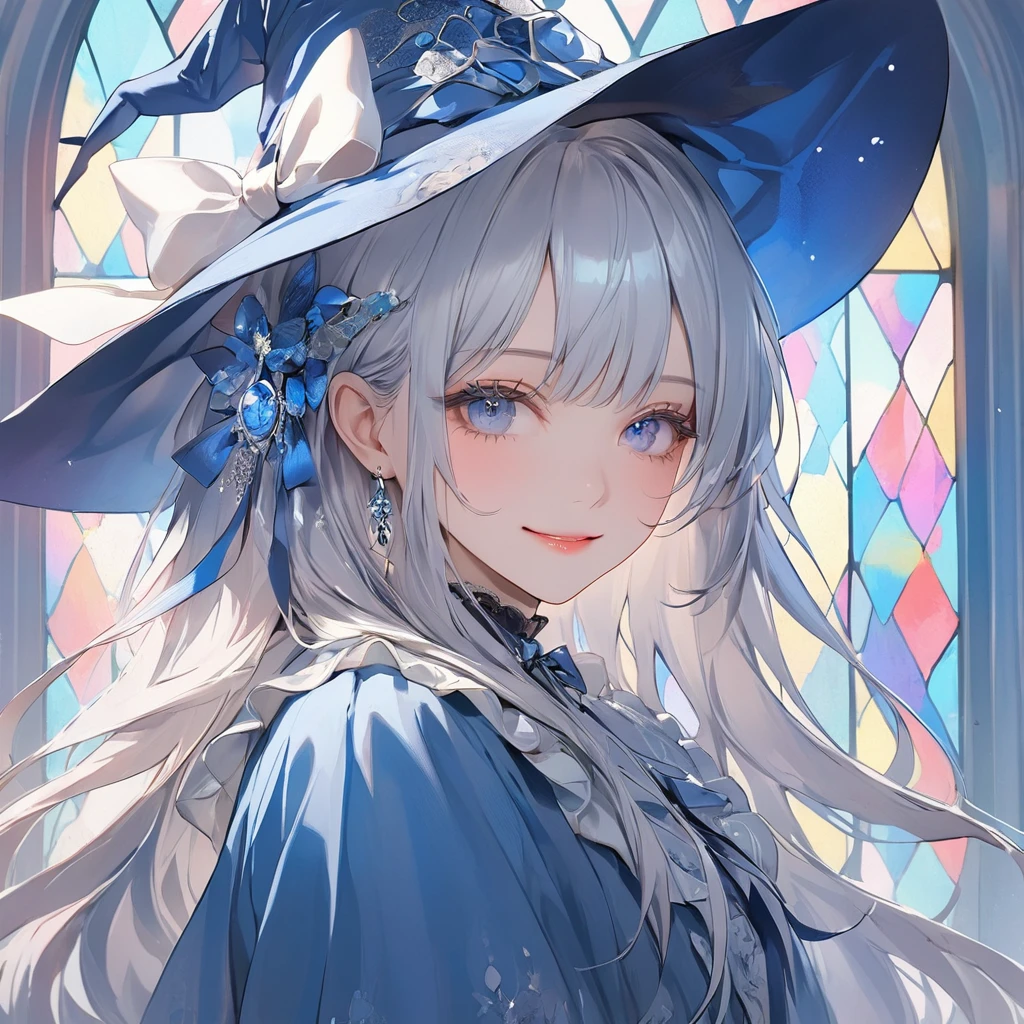 (pastel color theme art),(top-quality),(masterpiece),(1 girl),(solo),Delicately drawn face,girl with a pretty face,beautiful detailed blue eyes,beautiful detailed blue witch hat with white ribbon ornament,beautiful detailed blue ****ta witch fashions with ruffles,((white and blue costume)),(Beautiful silky white hair:1.3),pale skin,a beautiful artistic illustration,blue theme,beautiful smile,frontal face,wide shot,flat color,soft gradient,(standing in front of pastel blue stained glass wall),(stained glass is only blue)