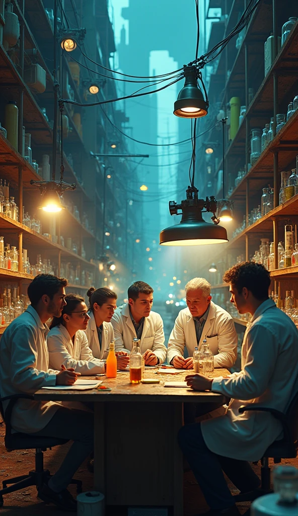 Trong khi thành phố đang trong tình trạng hỗn loạn, a group of scientists and engineers are trying to solve the problem. They decided to seek out the Minions, A renowned scientist, who have the ability to handle difficult situations. Laboratory scene with chemicals on shelves 