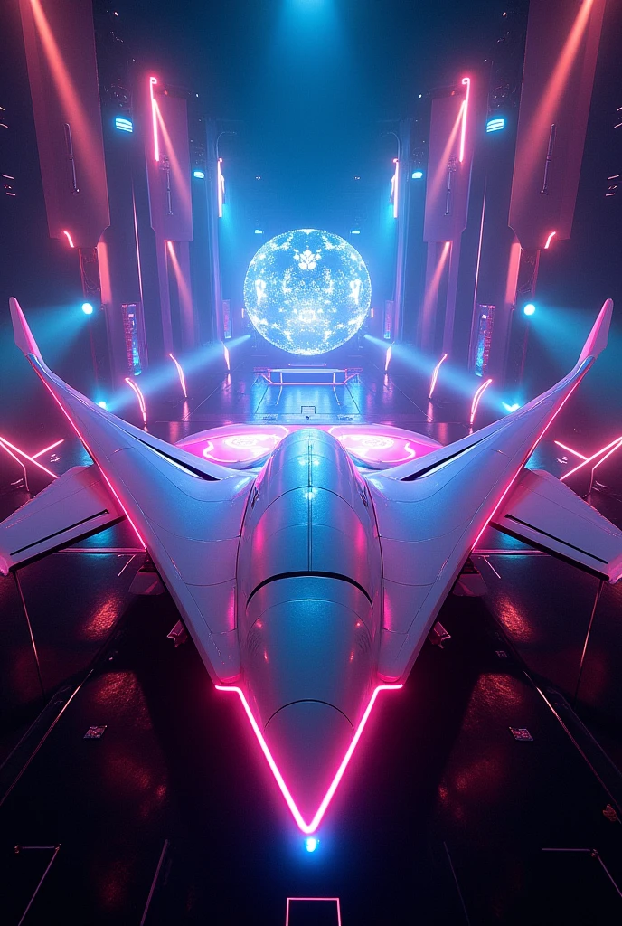 I need two planes as background,In the middle is the electronic music stage,Futuristic,Technology,A stage that feels like an airplane,No need for people