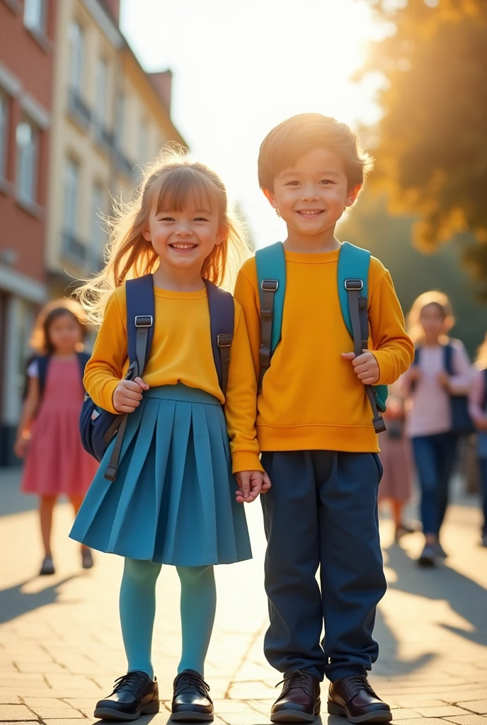 Boy and girl in school uniforms with backpacks and may the girl's uniforms be happy ( yellow bust and blue pleated skirt , blue tights and black school shoes ) and of the ( Navy blue cloth pants and yellow sweatshirt )