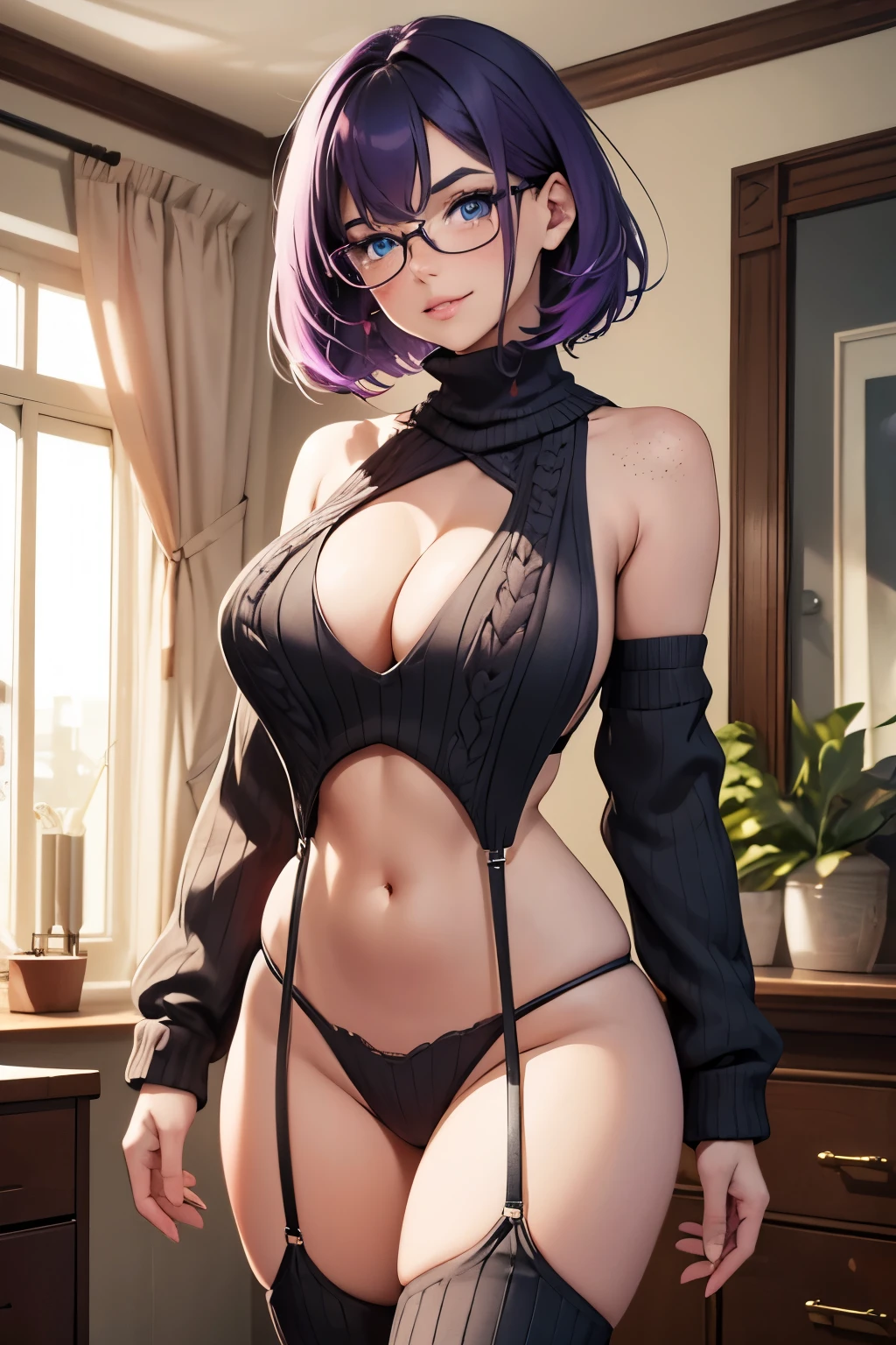 Beautiful young ager, 1girl, purple hair, blue eyes, extremely short hair, freckles on face, framed eyeglasses, heart shaped choker, happy, smiling, blushing, thick lips, full lips, gigantic breasts, extreme cleavage, deep cleavage, very thin body, virgin destroyer sweater, sleeveless, bare arms, high heels, cleavage, perfect anatomy, bedroom background, detailed background, ultra-detailed, 4k, 8k, best quality, masterpiece